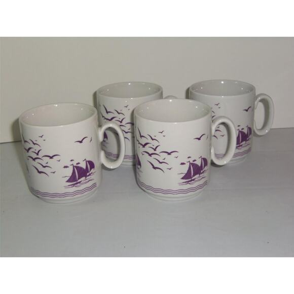 4 Cups Mugs Made In Western Germany Sailboats Boats Seagulls - 021303 - Picture 1 of 2